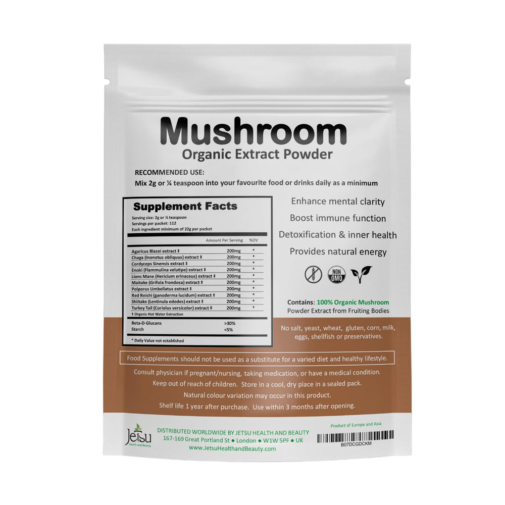 Jetsu Mushroom Extract packaging with scoop signals easy daily supplementation.