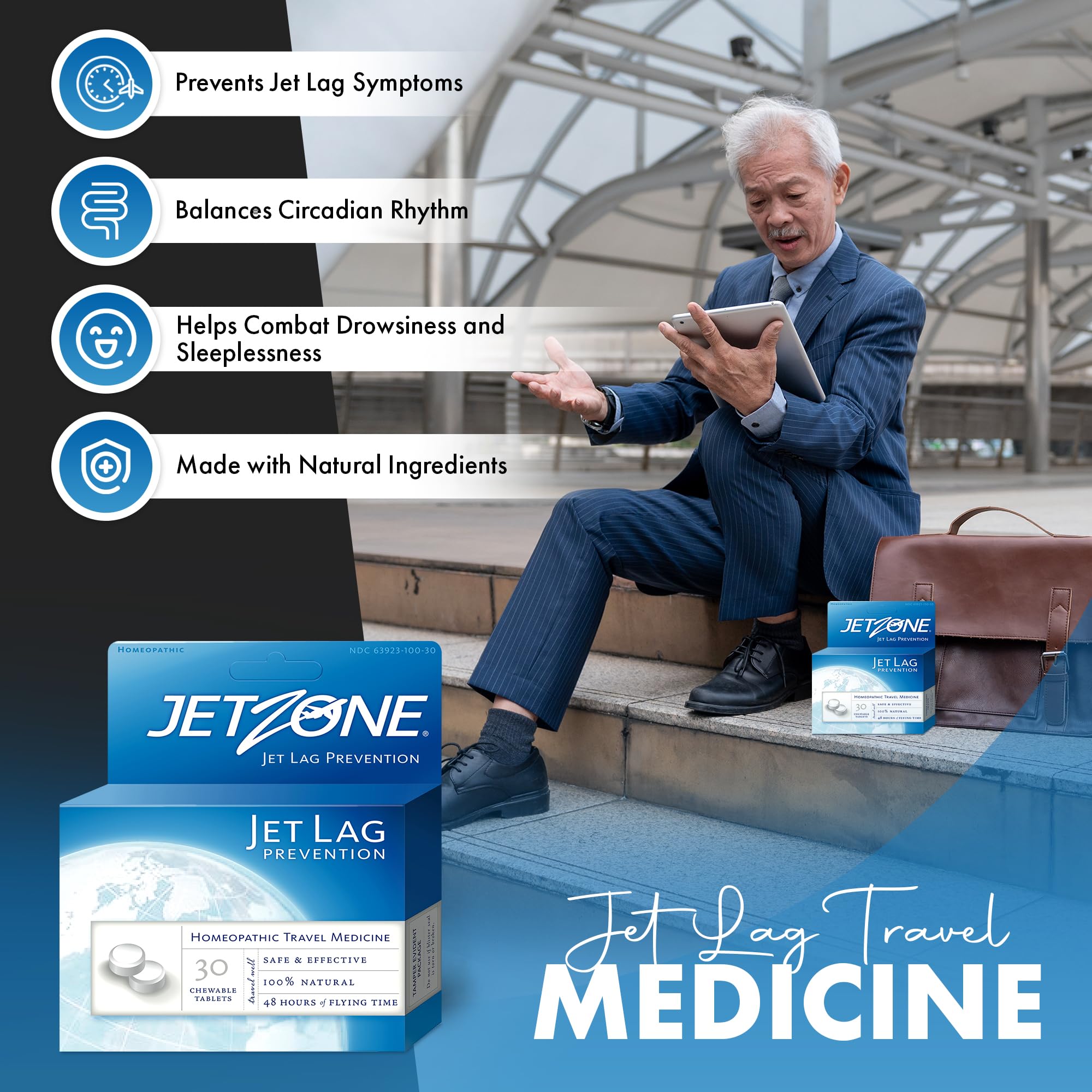 JetZone Jet Lag Remedy user taking chewable during travel