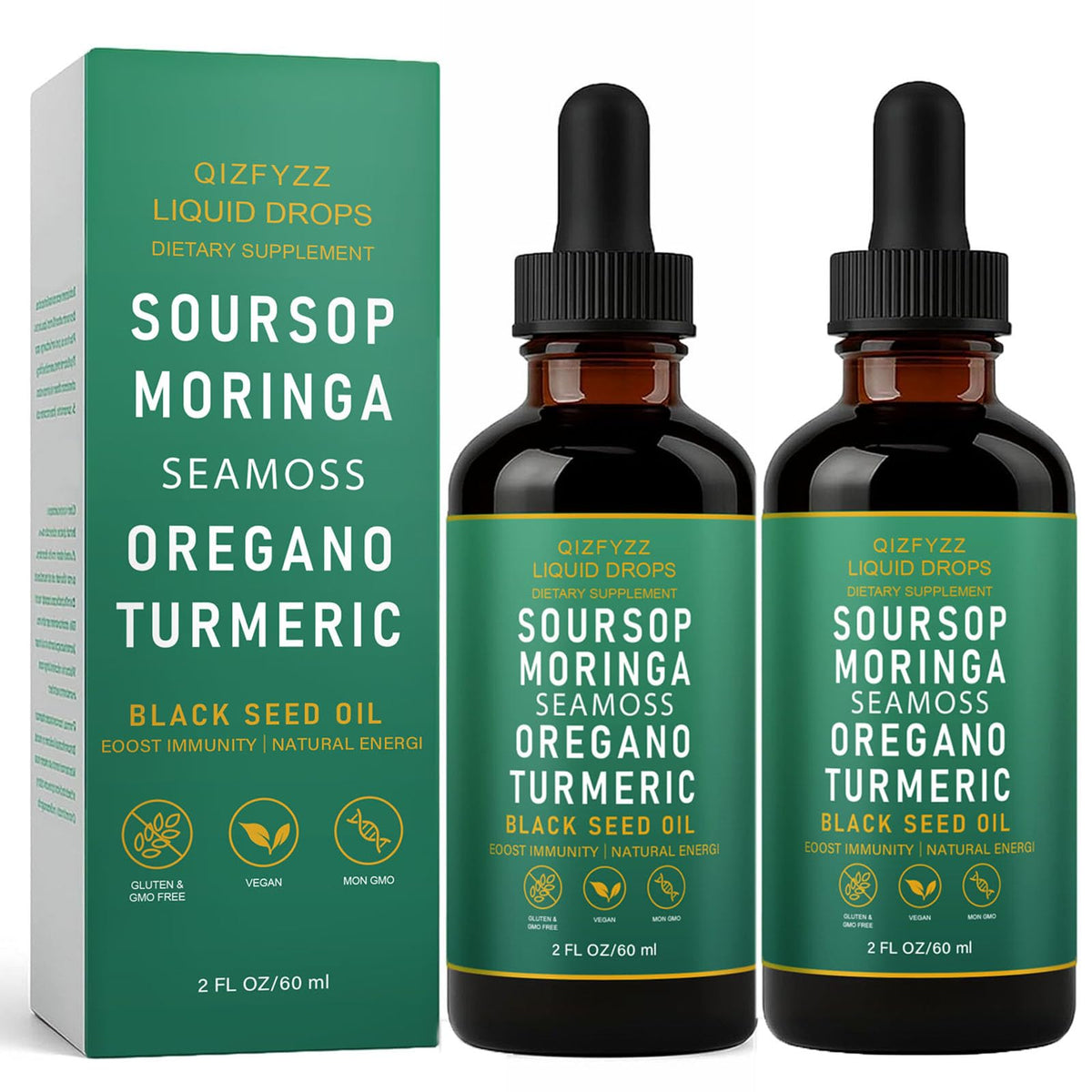Jfsyb Qizfyzz Soursop Bitters bottle with vegan 10-in-1 formula.