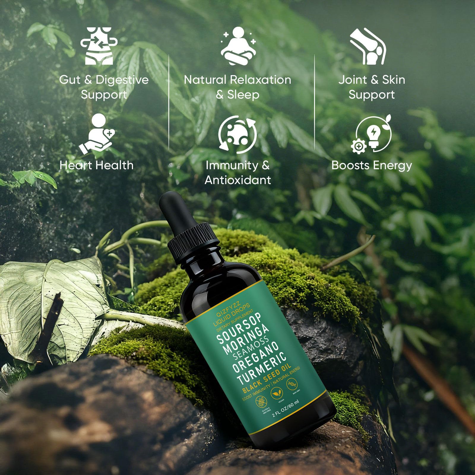 Packaging for Qizfyzz Soursop Bitters highlighting vegan, non-GMO formula.