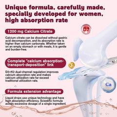 The liquid calcium citrate form captured, emphasizing rapid absorption and ease of use.
