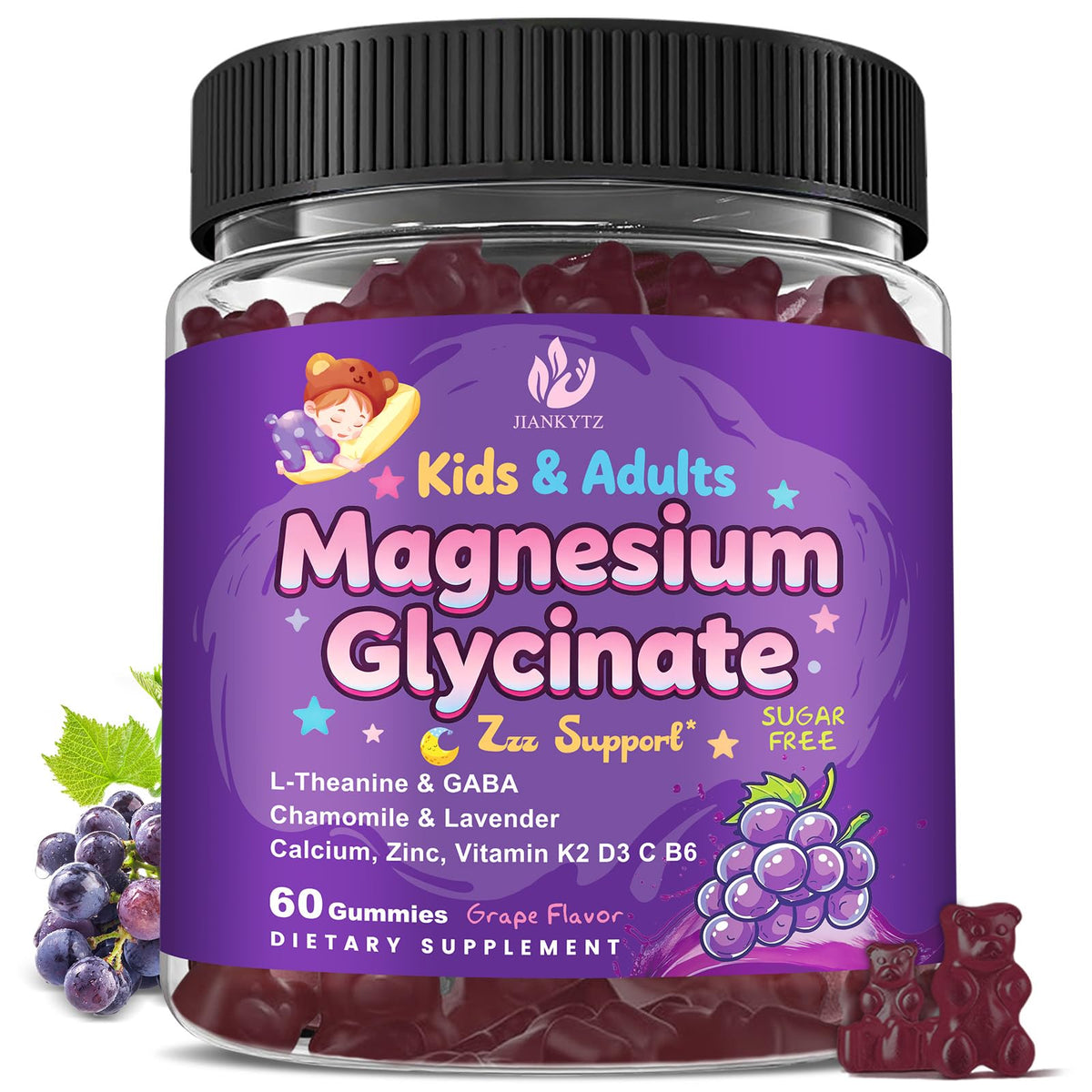 JIANKYTZ sugar-free magnesium glycinate gummies for kids and adults with grape flavor, on-the-go appeal