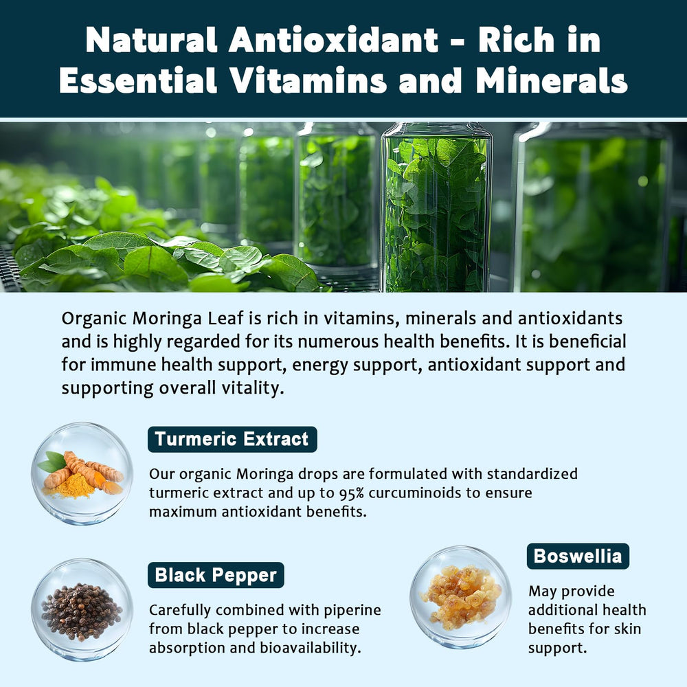 JIANKYTZ Moringa liquid drops shown with water, illustrating convenient daily use.
