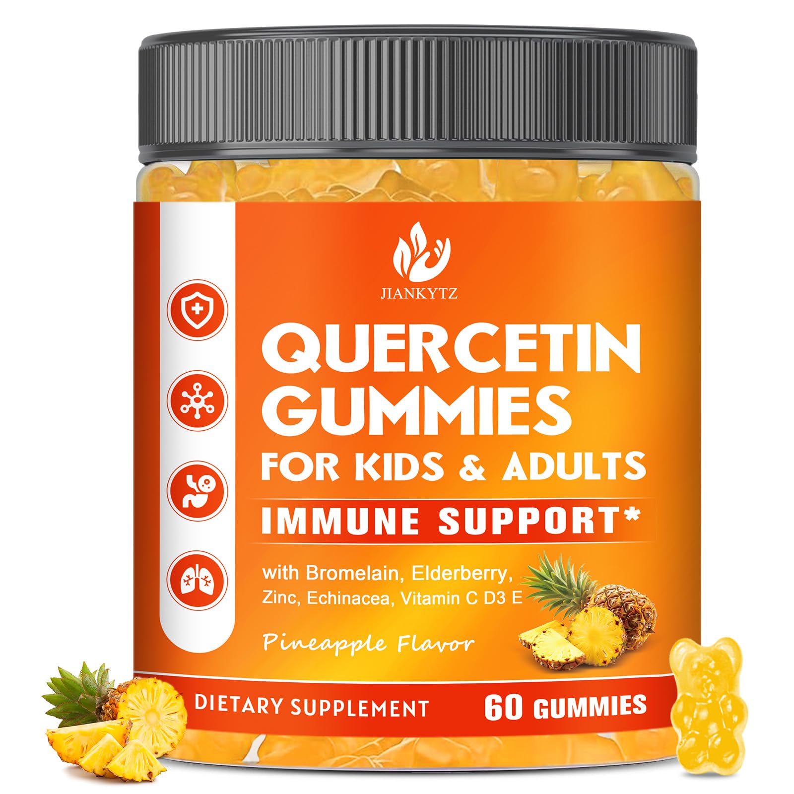 JIANKYTZ quercetin bromelain gummies in pineapple flavor on bottle for daily immune support