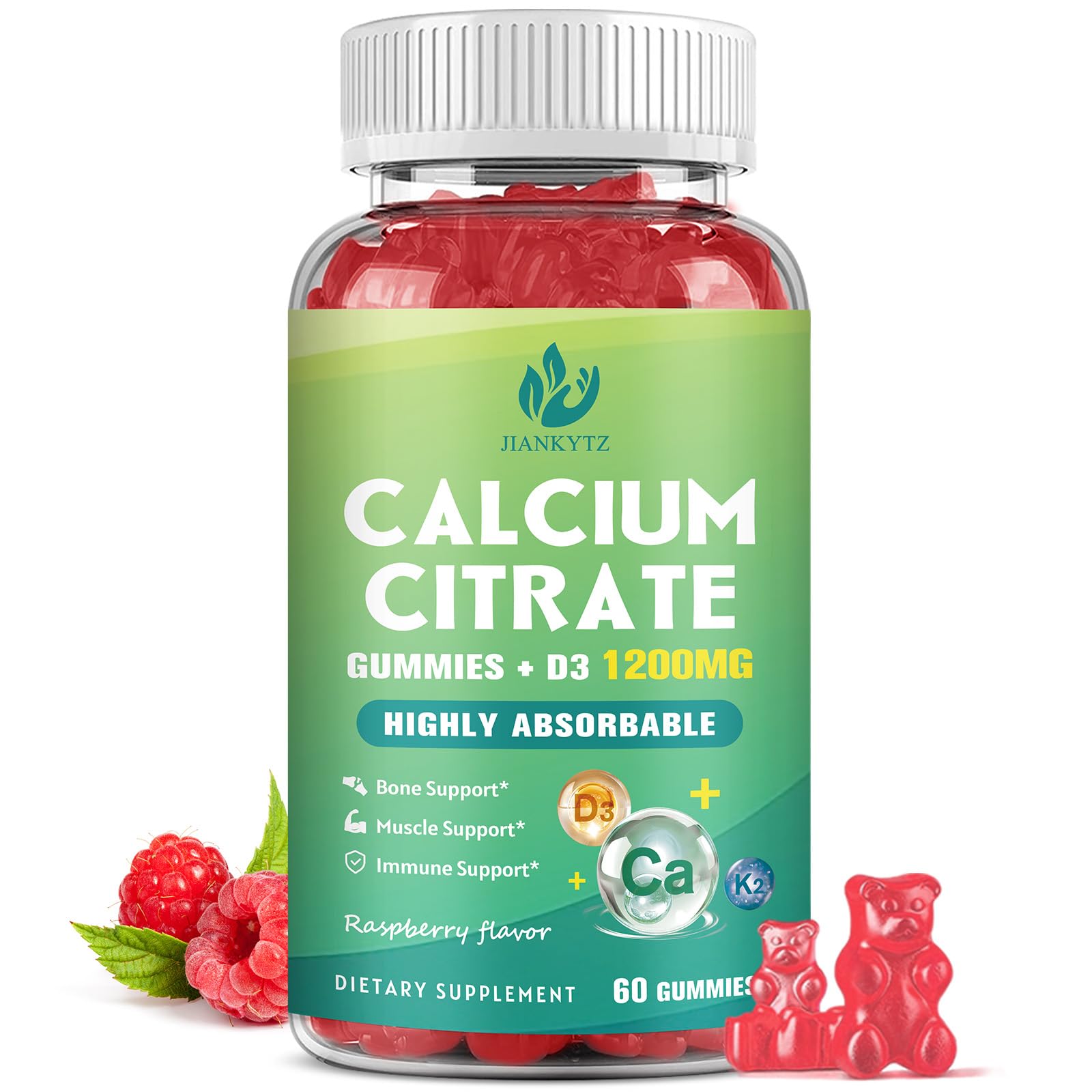 JIANKYTZ 1200mg calcium citrate gummies bottle for easy daily bone and muscle support.