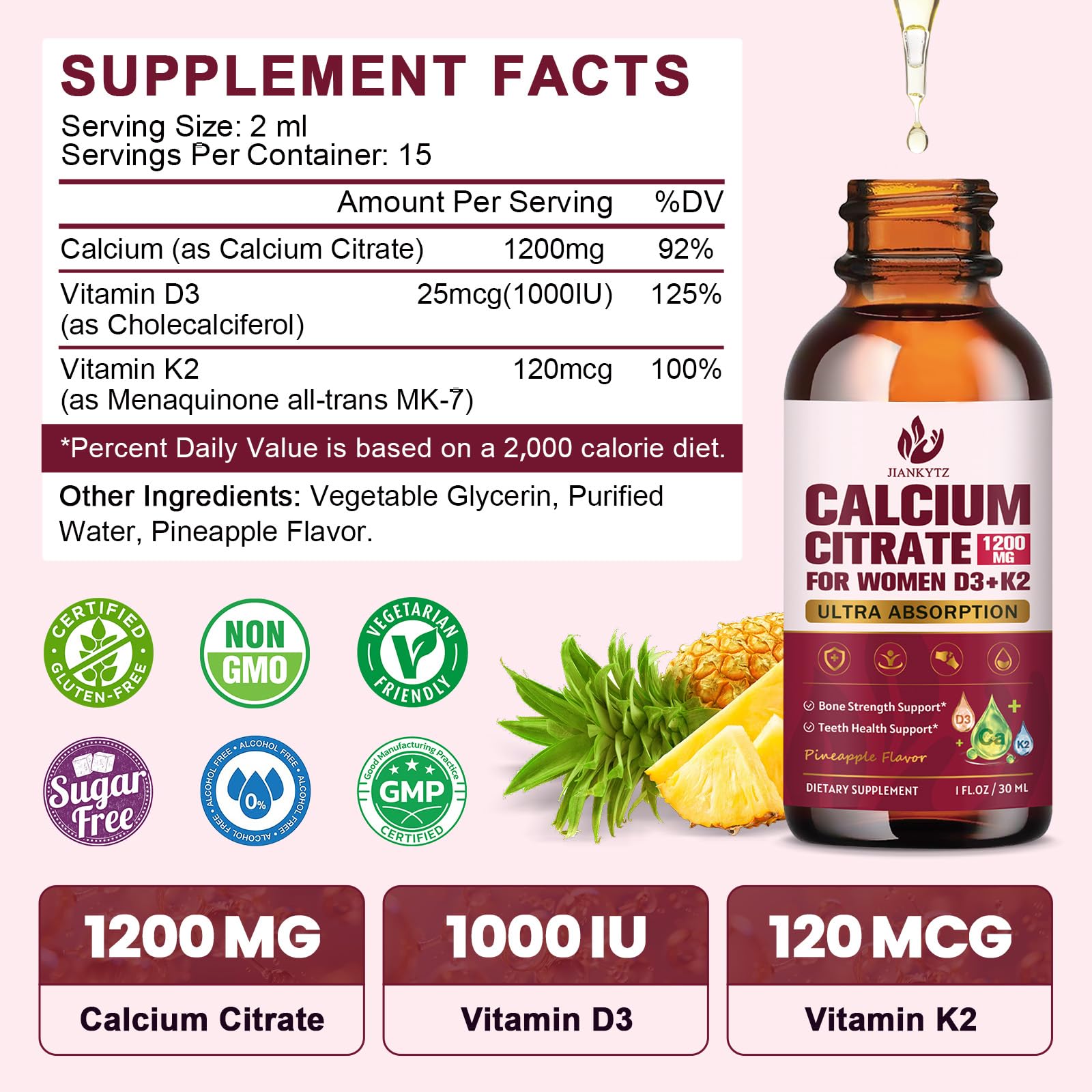 JIANKYTZ Calcium Citrate Drops with a dosing pipette for precise daily use.
