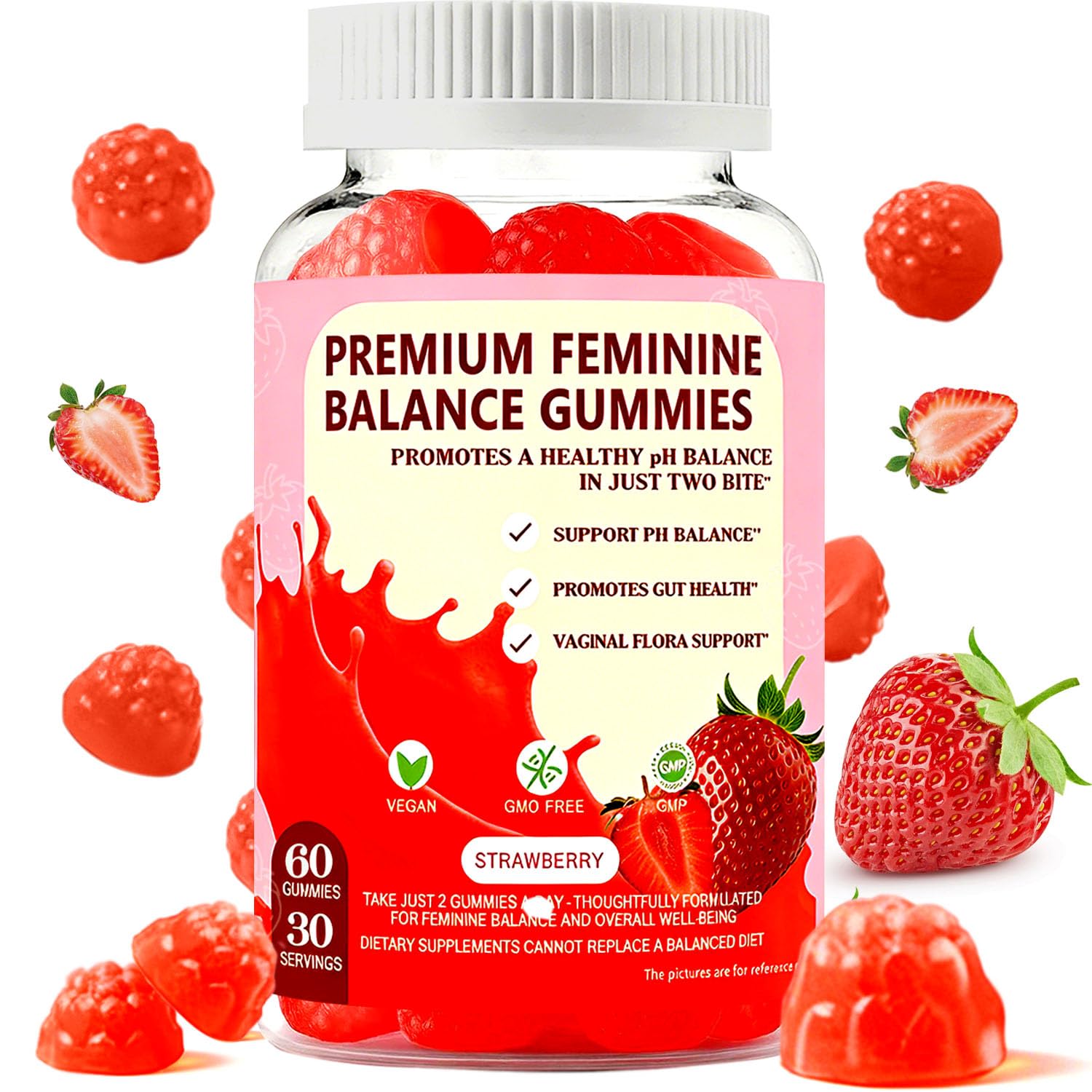 JianQ PH Gummies for Women bottle pour highlights strawberry flavor and easy daily balance.