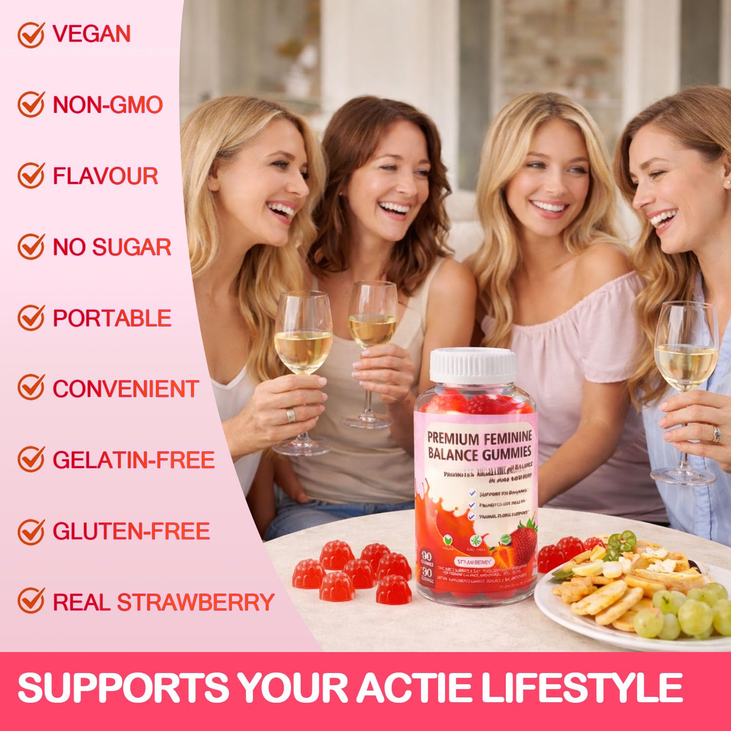 JianQ PH Gummies for Women ingredients-label closeup highlights plant-based, gelatin-free formulation.