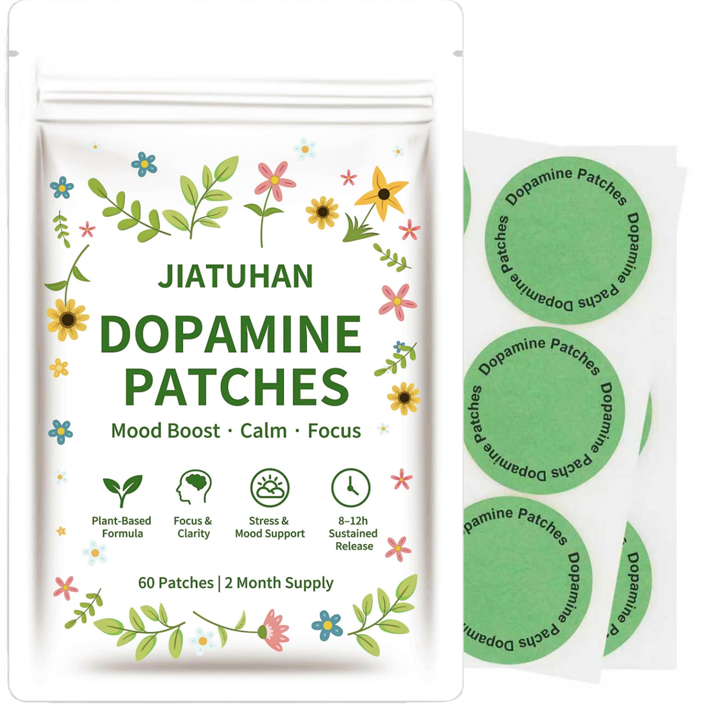 JIATUHAN Dopamine Patches Extra Strength box highlighting mood support with plant-based ingredients.