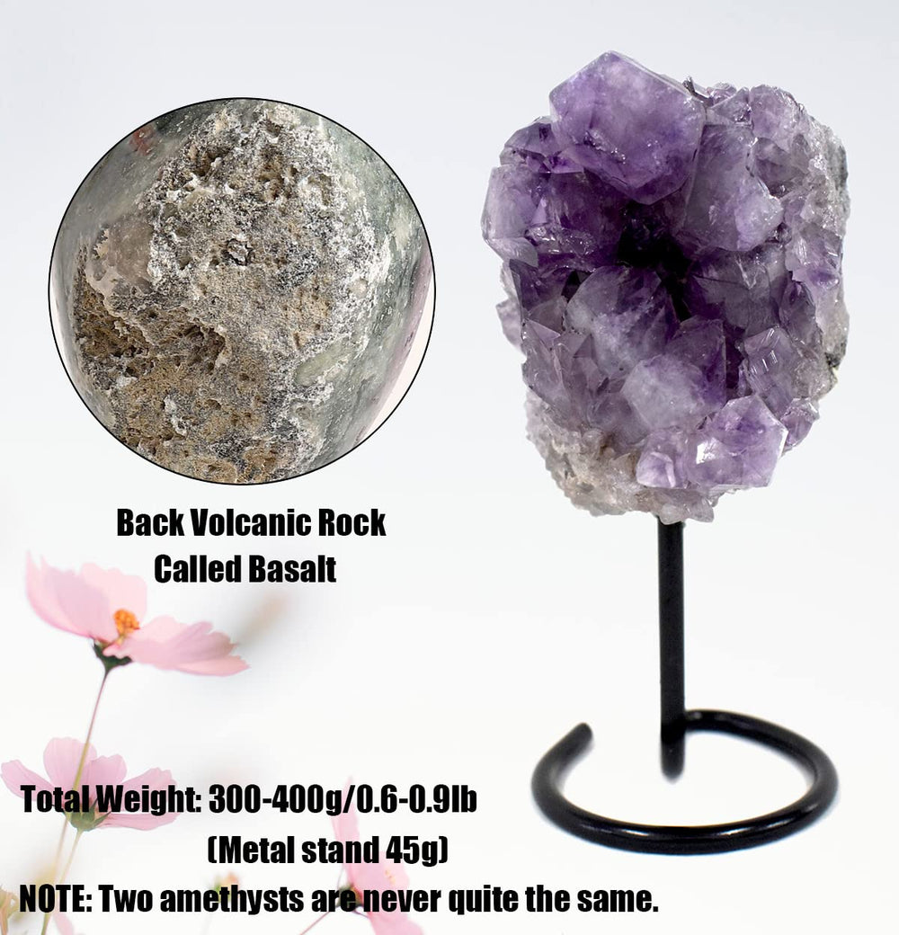 JIC Gem amethyst cluster on stand used as a striking table centerpiece