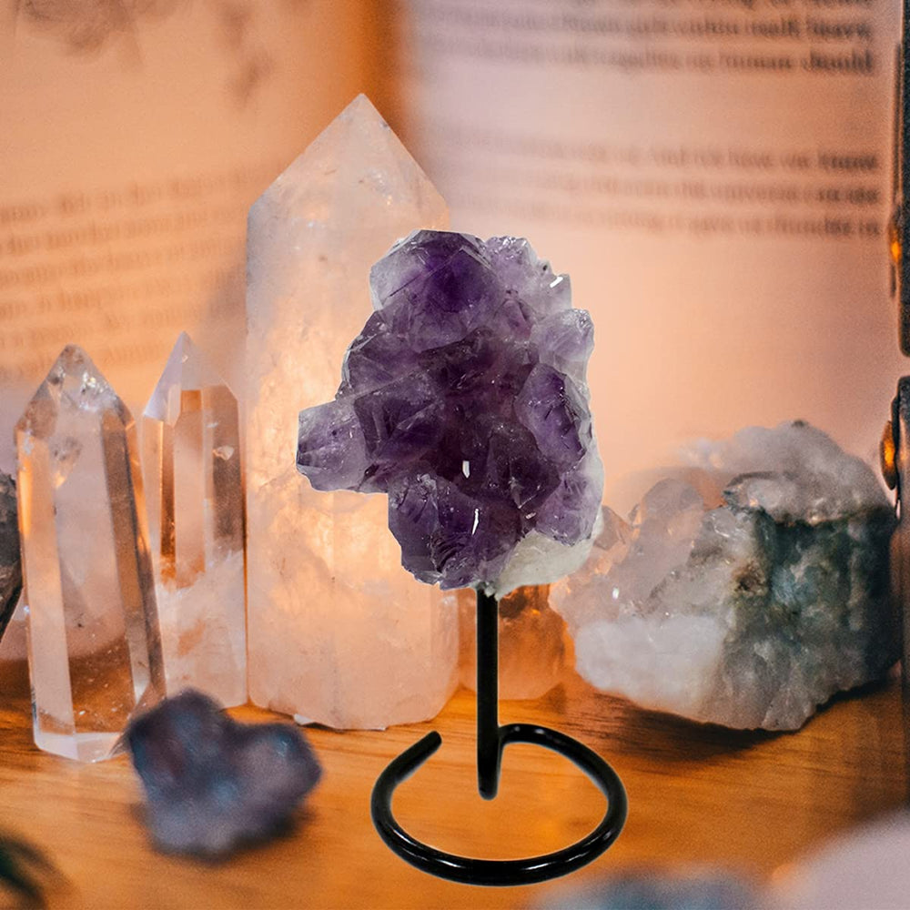 JIC Gem amethyst cluster on stand creates soothing nightstand ambiance