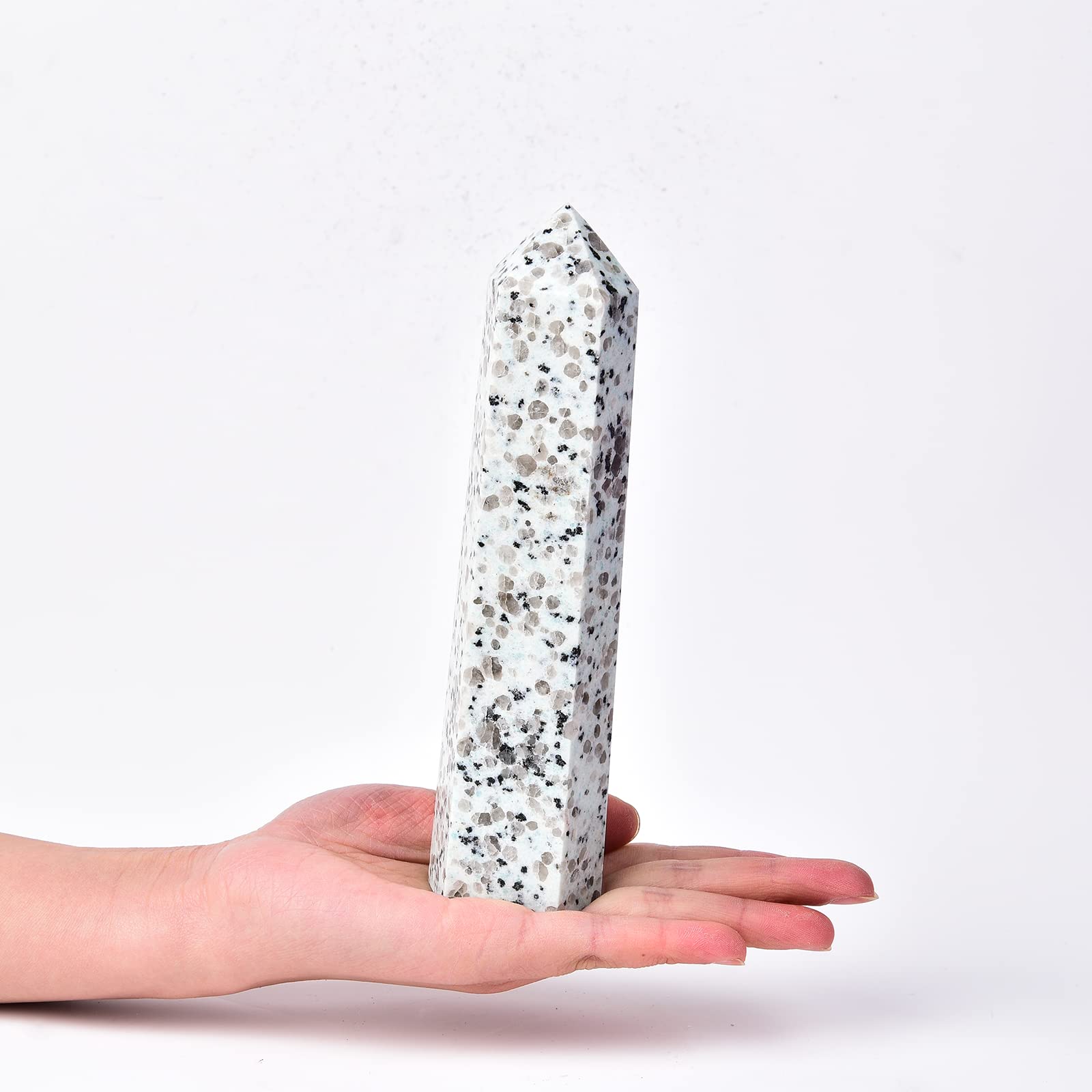 JIC Gem Balmatin quartz obelisk wand is a balanced energy focal point for spaces.