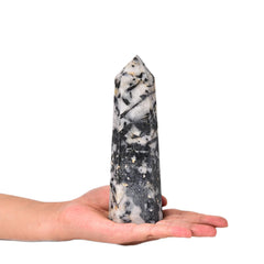 JIC Gem large obelisk with black tourmaline and white quartz, ideal for meditation focus.