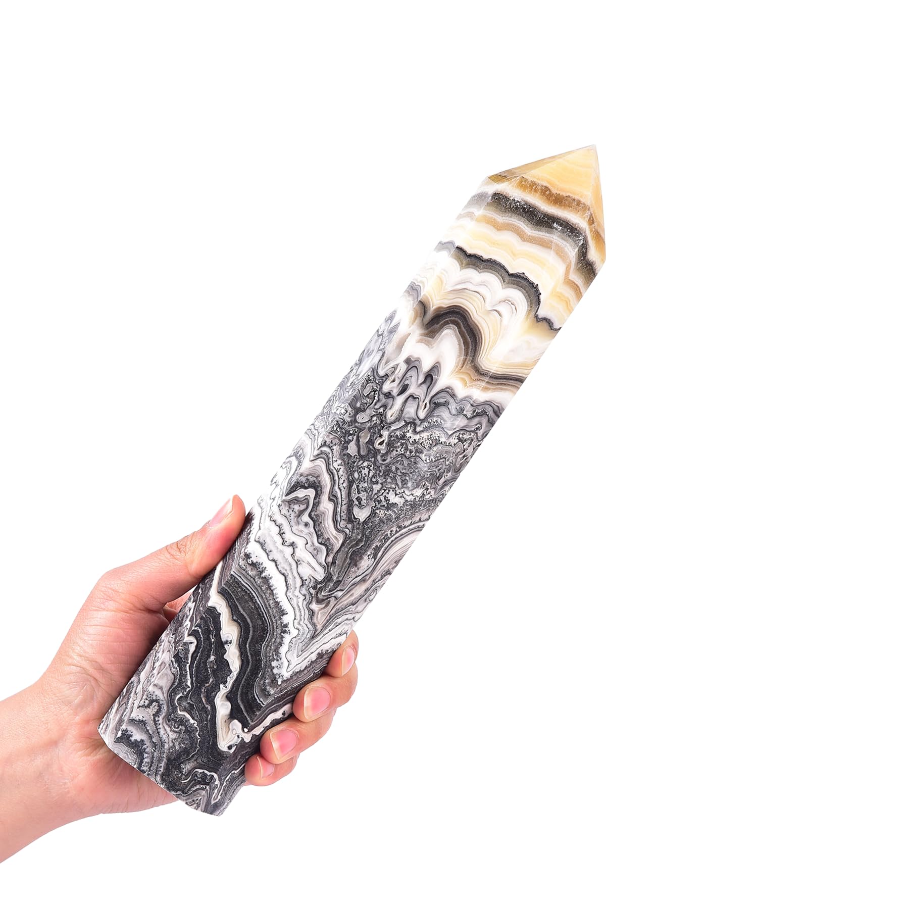 JIC Gem black and yellow calcite obelisk tower for meditation and decor.