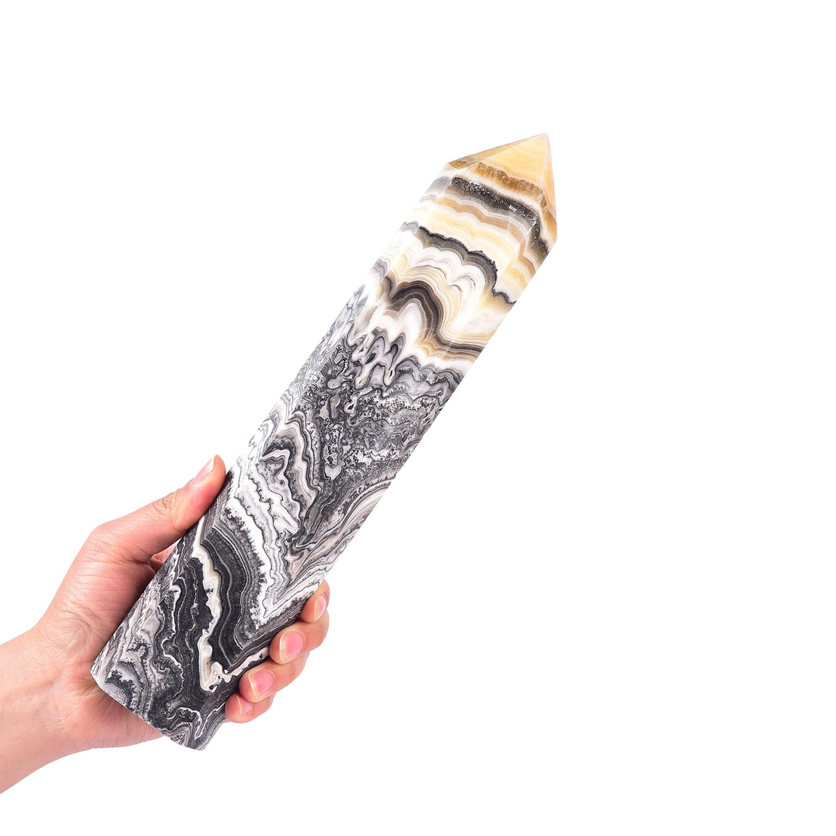 JIC Gem black and yellow calcite obelisk tower for meditation and decor.