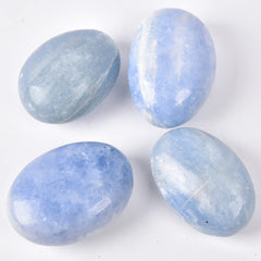 JIC Gem polished celestite palm stone bright blue energy focus.