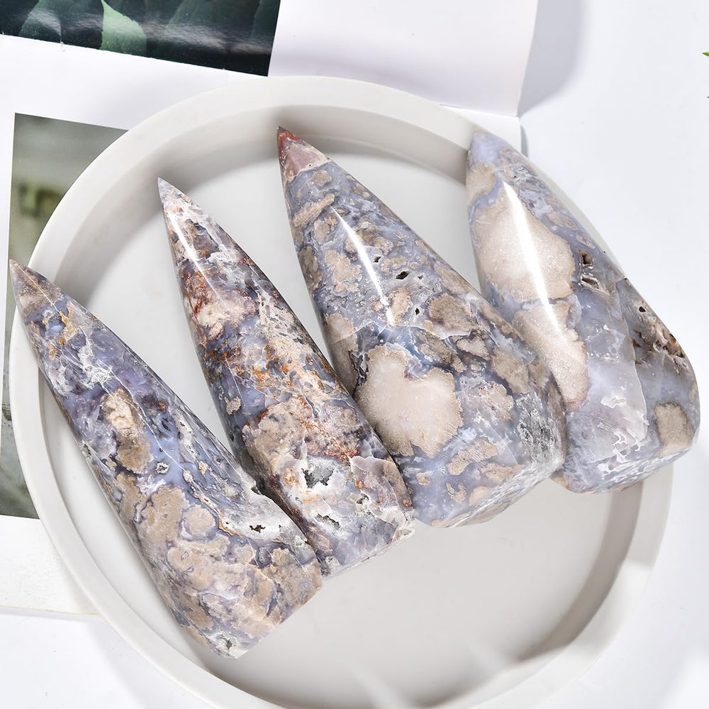 JIC Gem Blue Cherry Blossom Agate Tower, room decor focal point, for calm spaces.