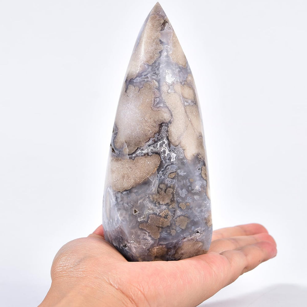 JIC Gem Blue Cherry Blossom Agate Tower, side view, enhances mood and room balance.