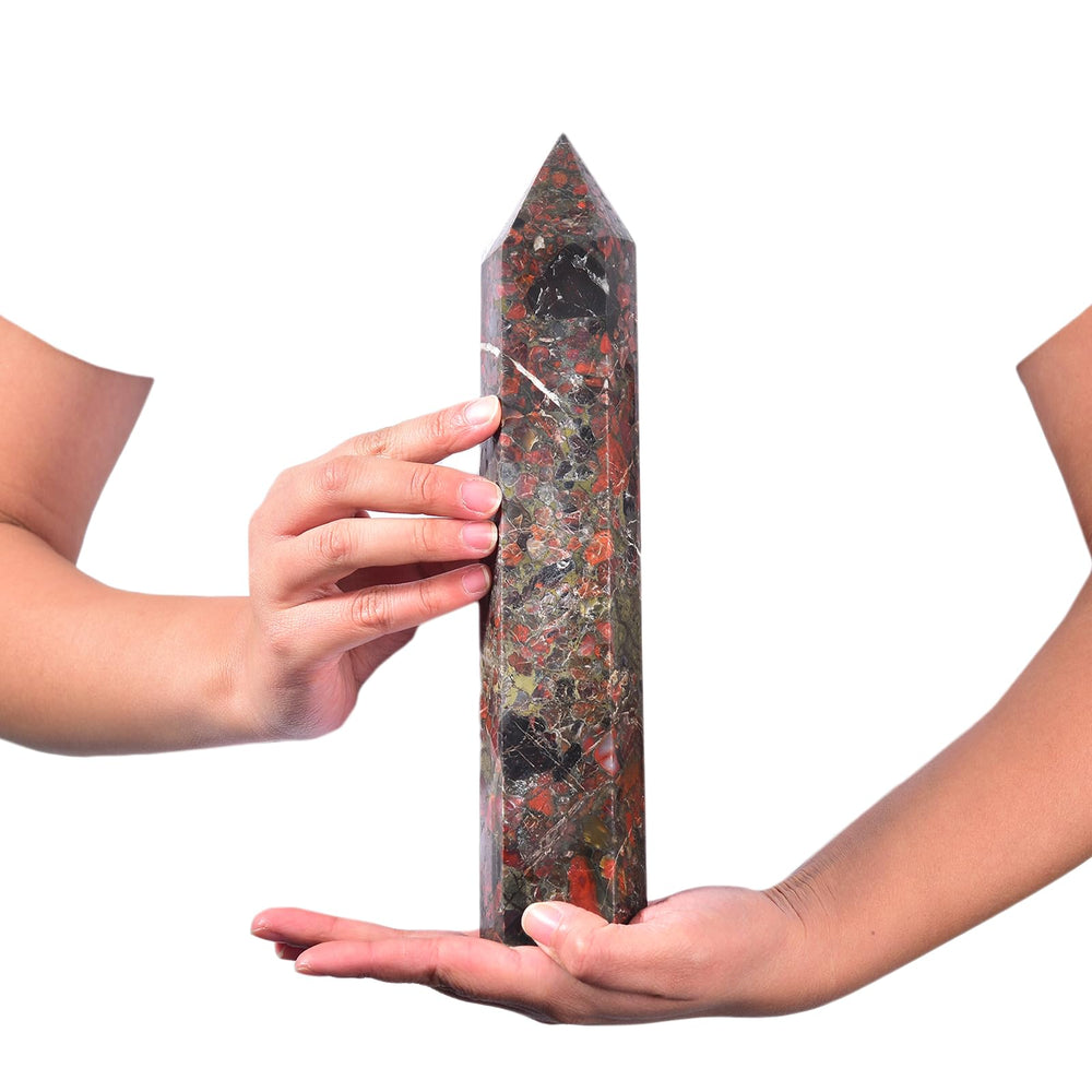 JIC Gem Brazilian Red Agate Tower apex close-up shows natural color and energy emphasis.