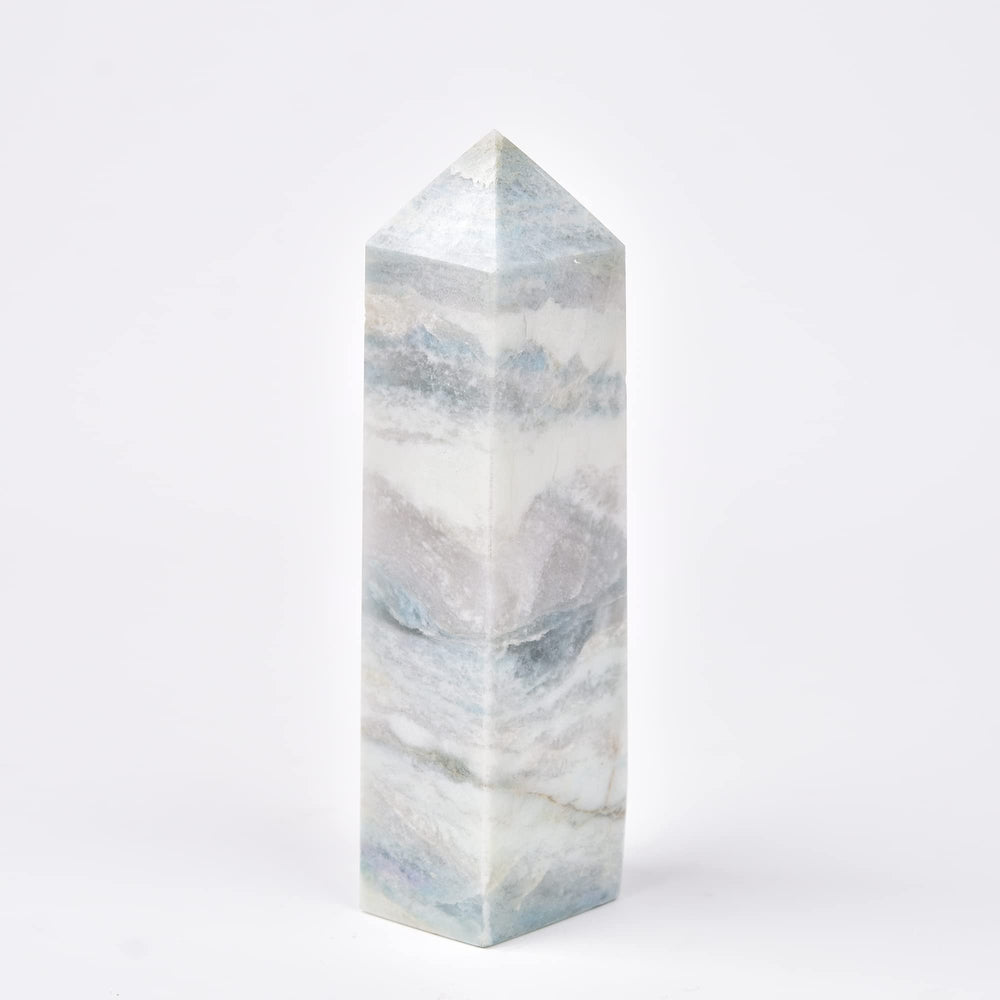 JIC Gem Celestite quartz tower glows with aura blue calcite, ideal for meditation