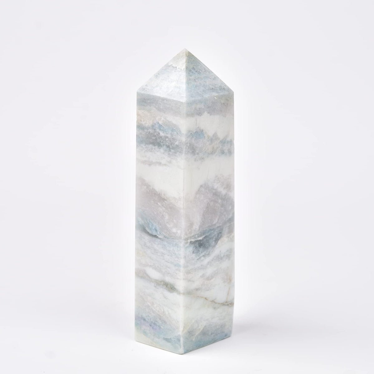 JIC Gem Celestite quartz tower glows with aura blue calcite, ideal for meditation