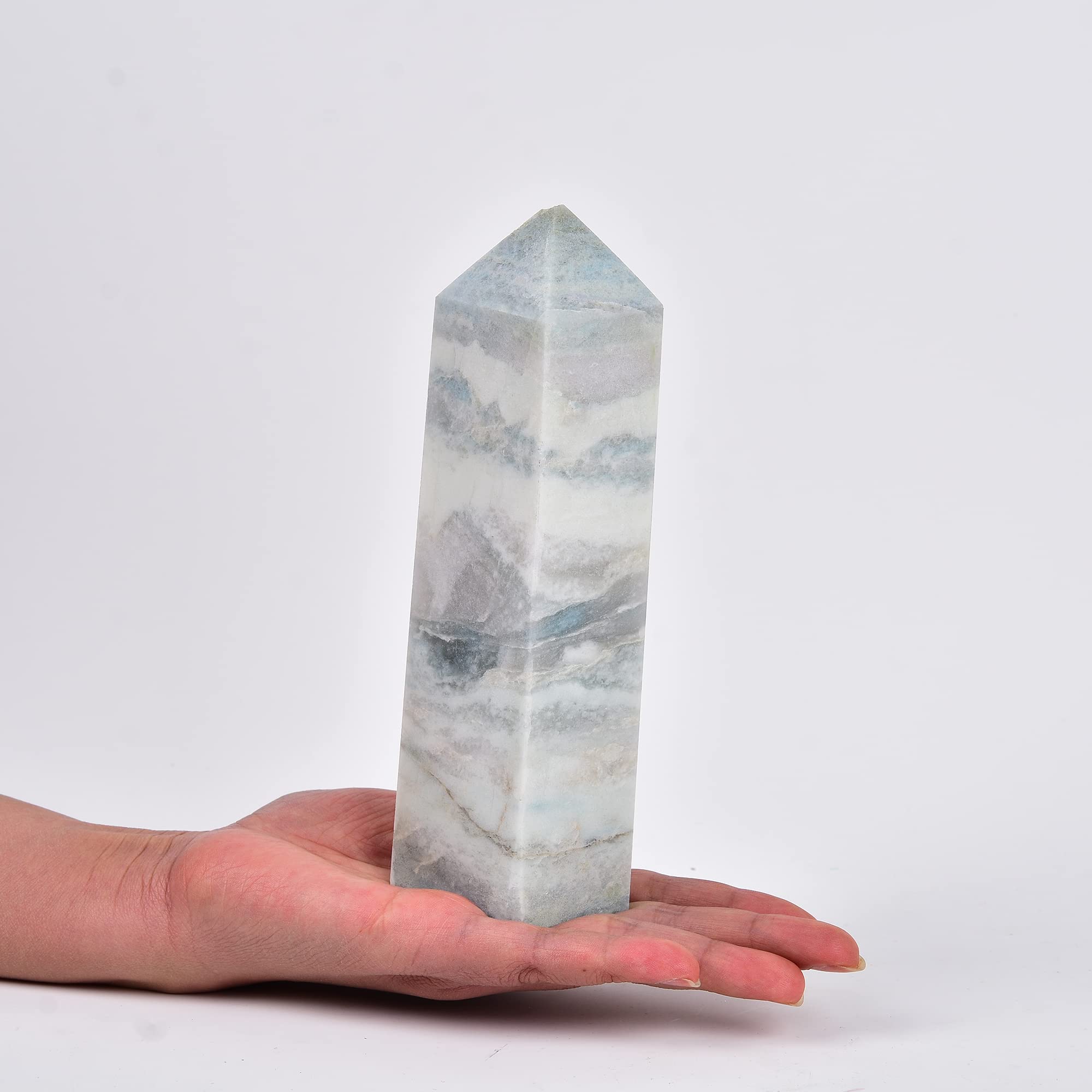 JIC Gem Celestite wand with aura blue calcite tower enhances calm focus for meditation