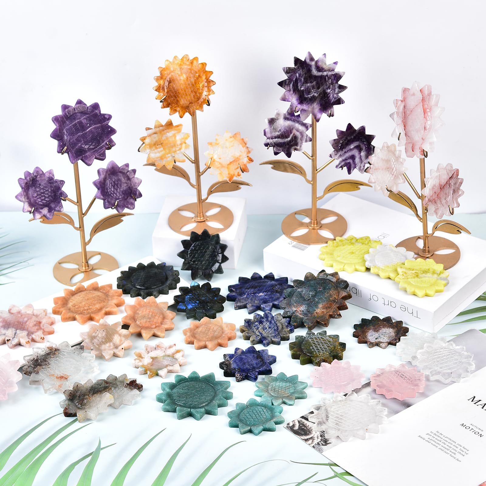 JIC Gem Clear Quartz Sunflower arrives with free stand for easy setup.