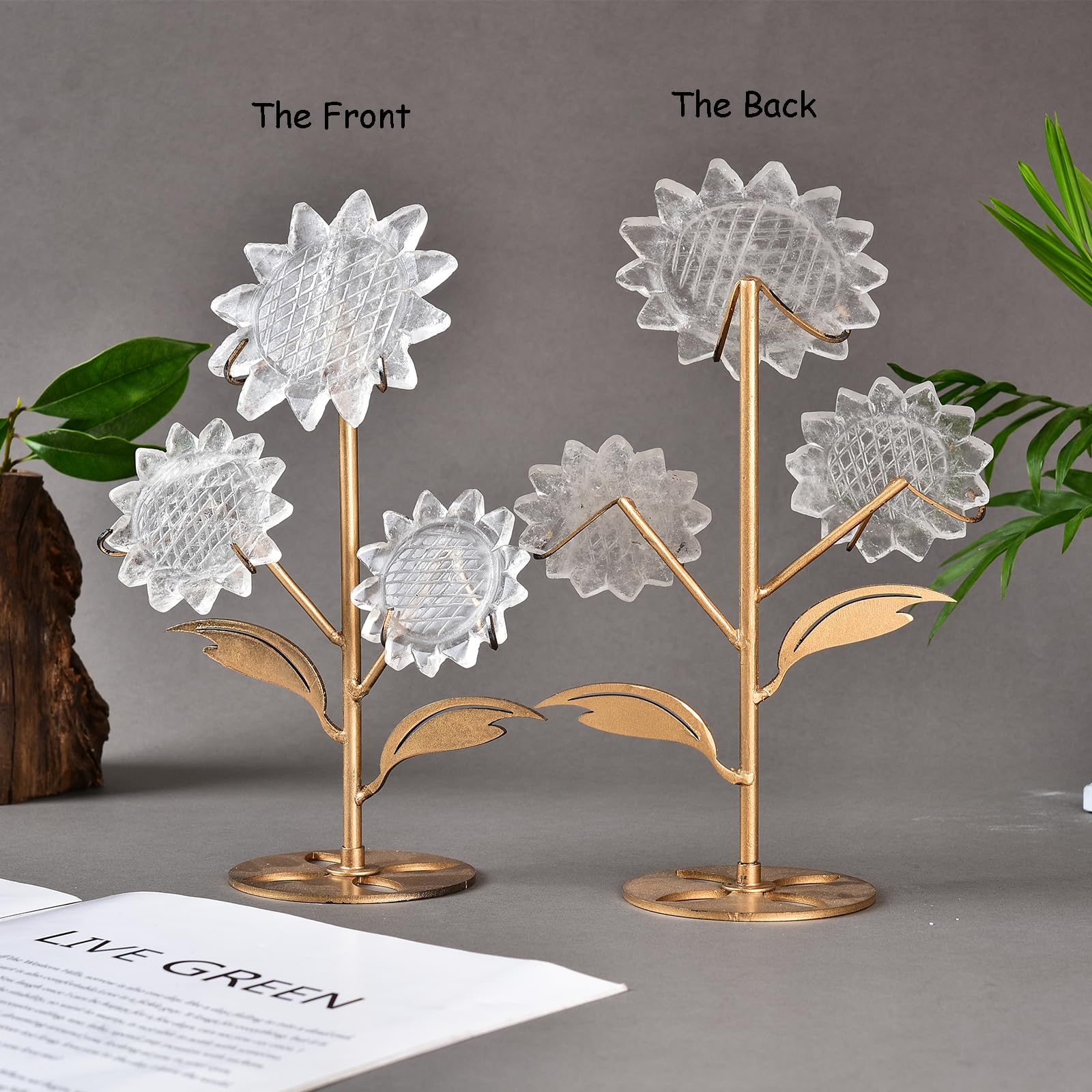 JIC Gem Clear Quartz Sunflower on stand enhances meditation corners and Reiki spaces.
