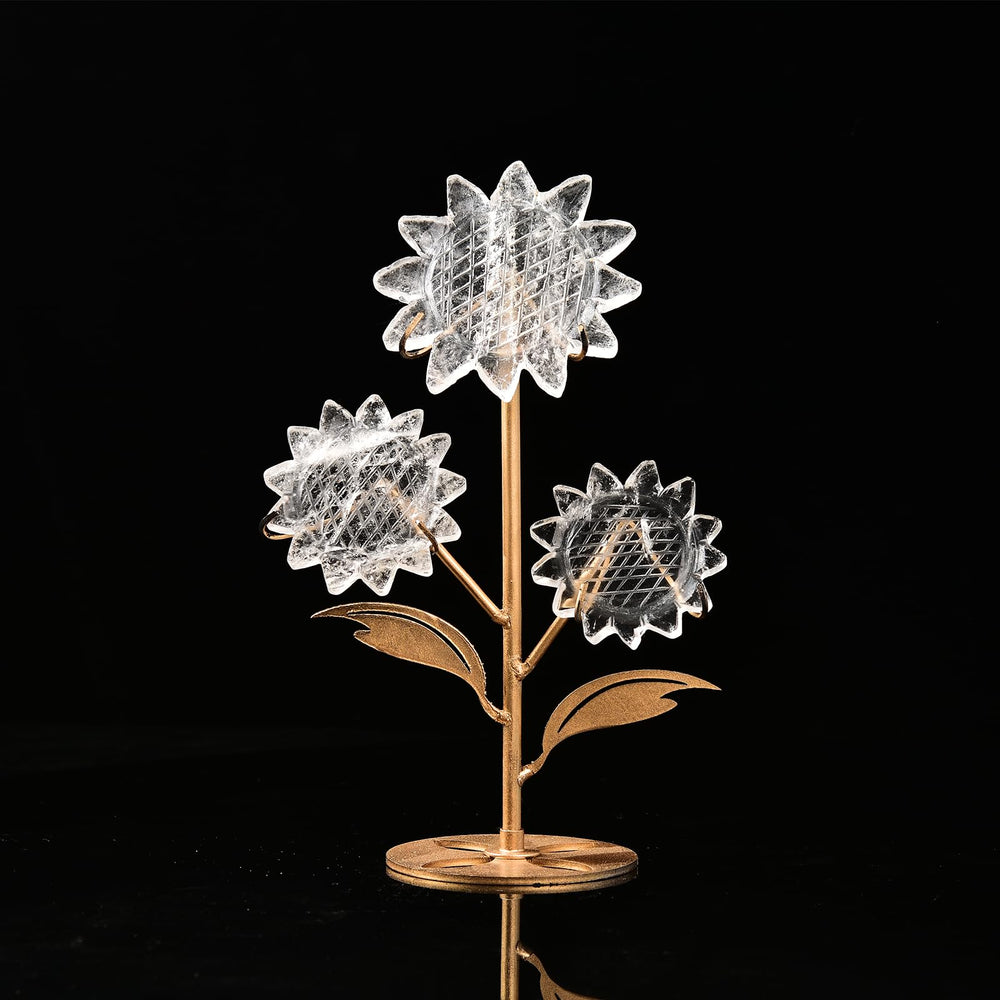 JIC Gem Clear Quartz Sunflower on stand viewed from top for elegant mantel decor.
