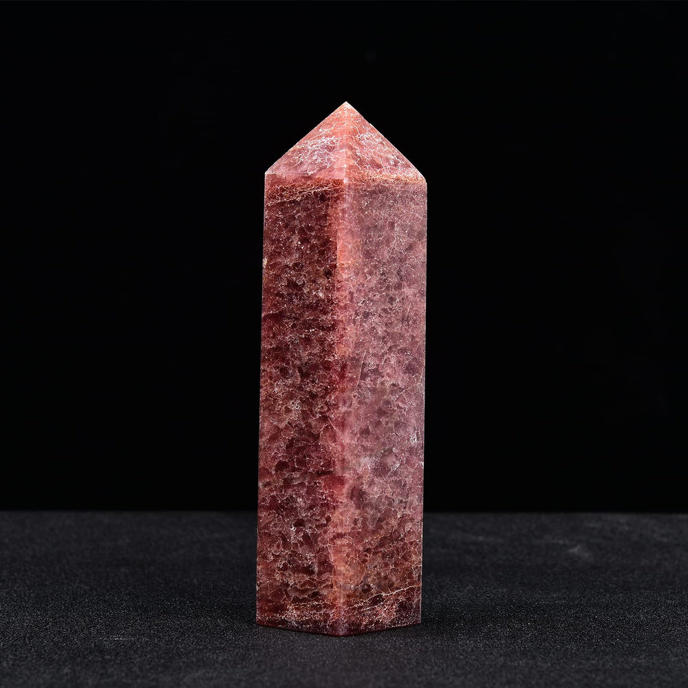JIC Gem extra large red strawberry quartz obelisk side view for display