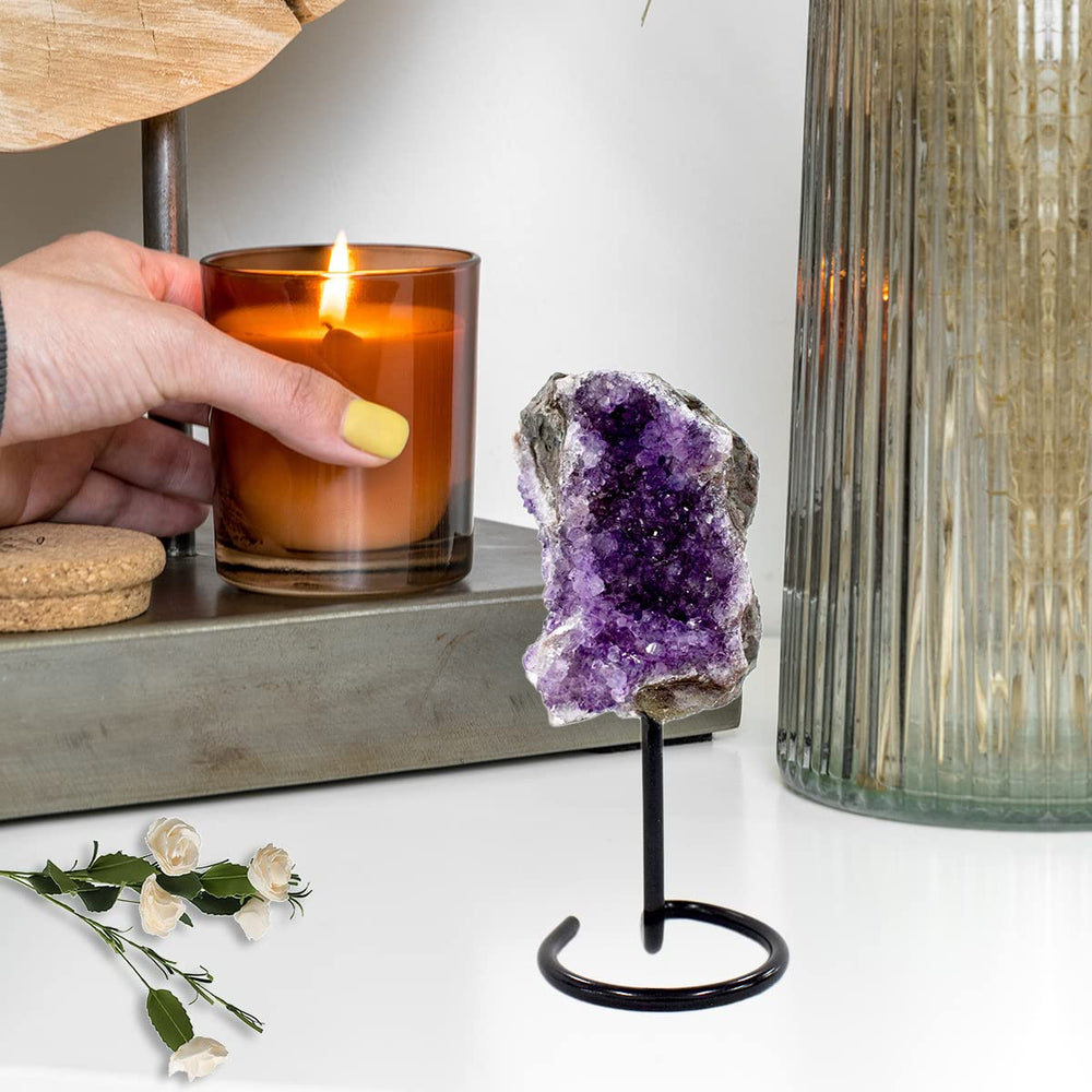 JIC Gem amethyst geode stand display enhances shelf or mantel decor