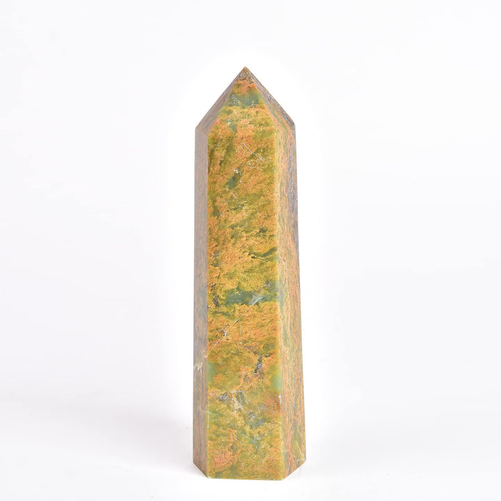 JIC Gem Green Jasper six-faceted point closeup for ritual focus.