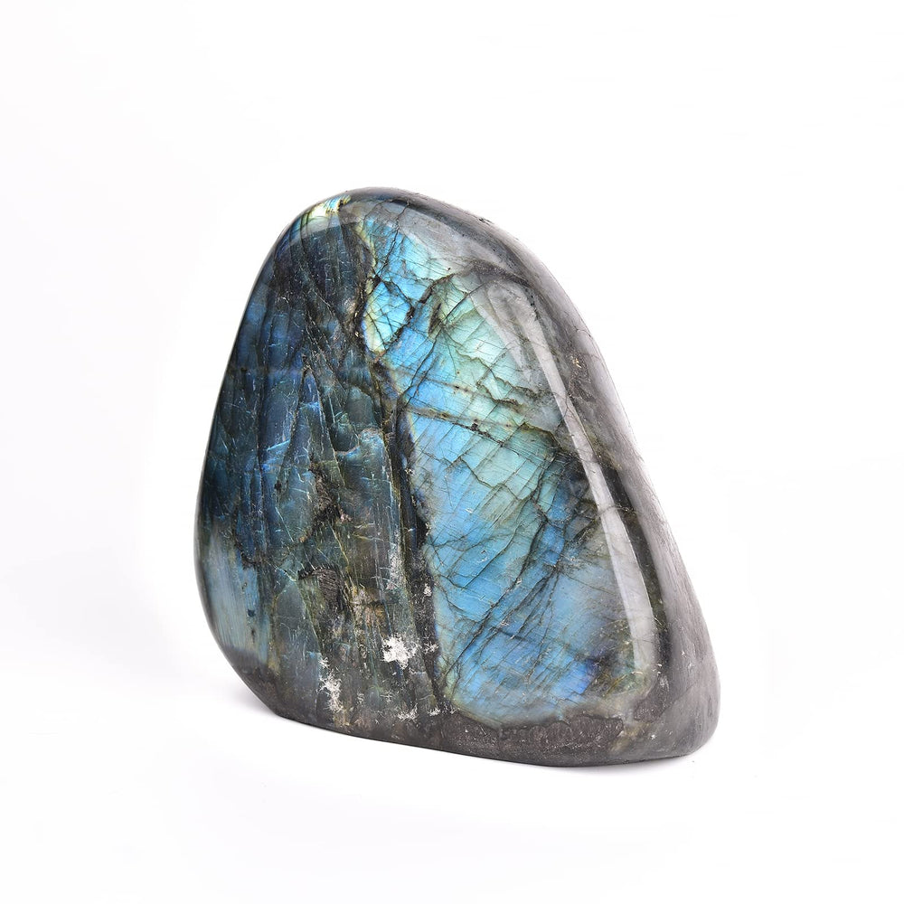 JIC Gem Labradorite polished iridescence highlights shimmer under light for meditation spaces.