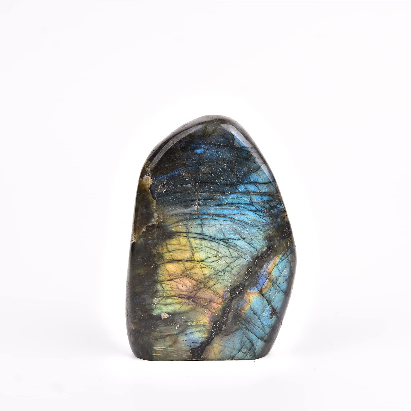 JIC Gem Labradorite upright display stone showing color shifts for elegant decor.