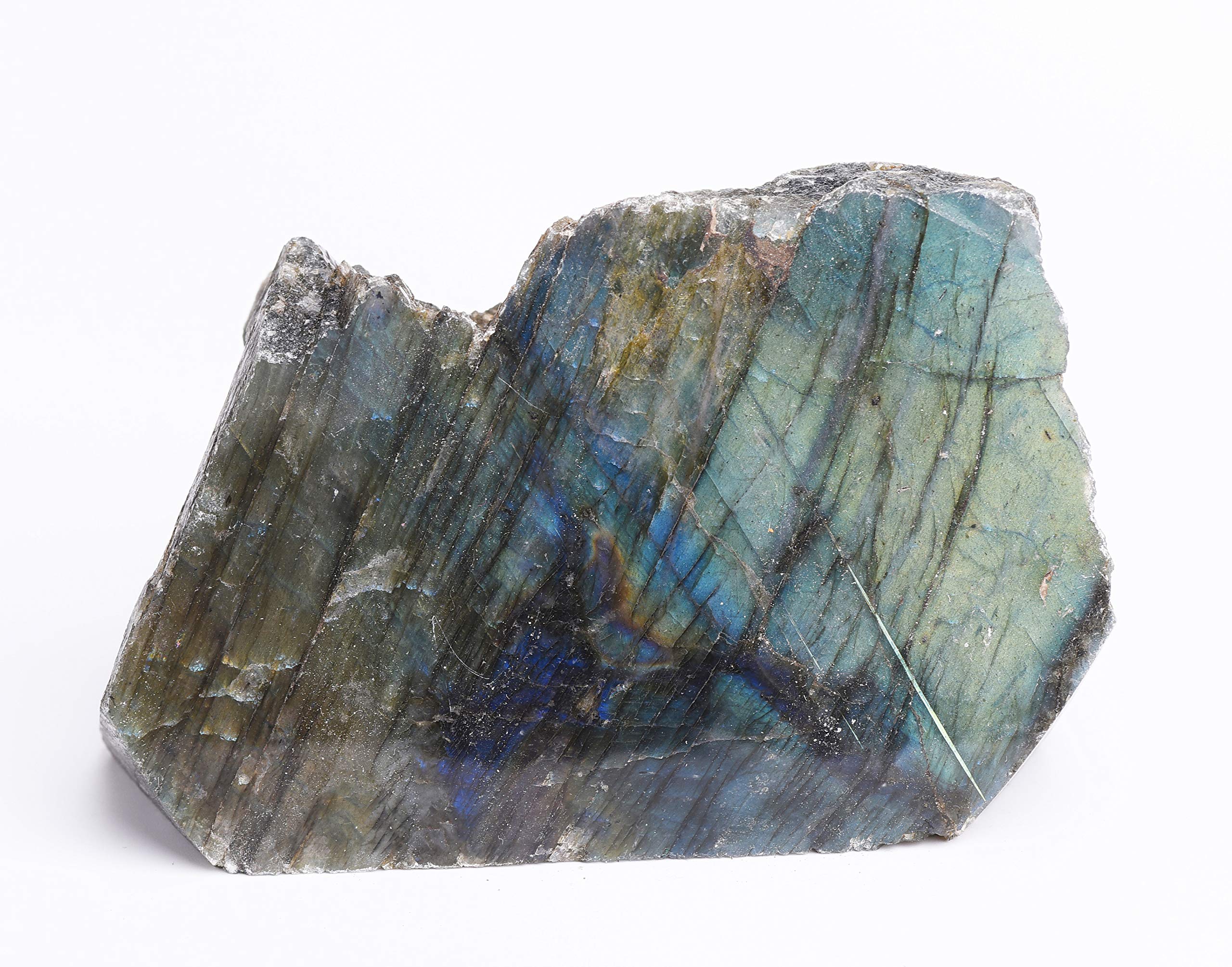 JIC Gem Labradorite upright display stone shows iridescent color for mindful ambiance.