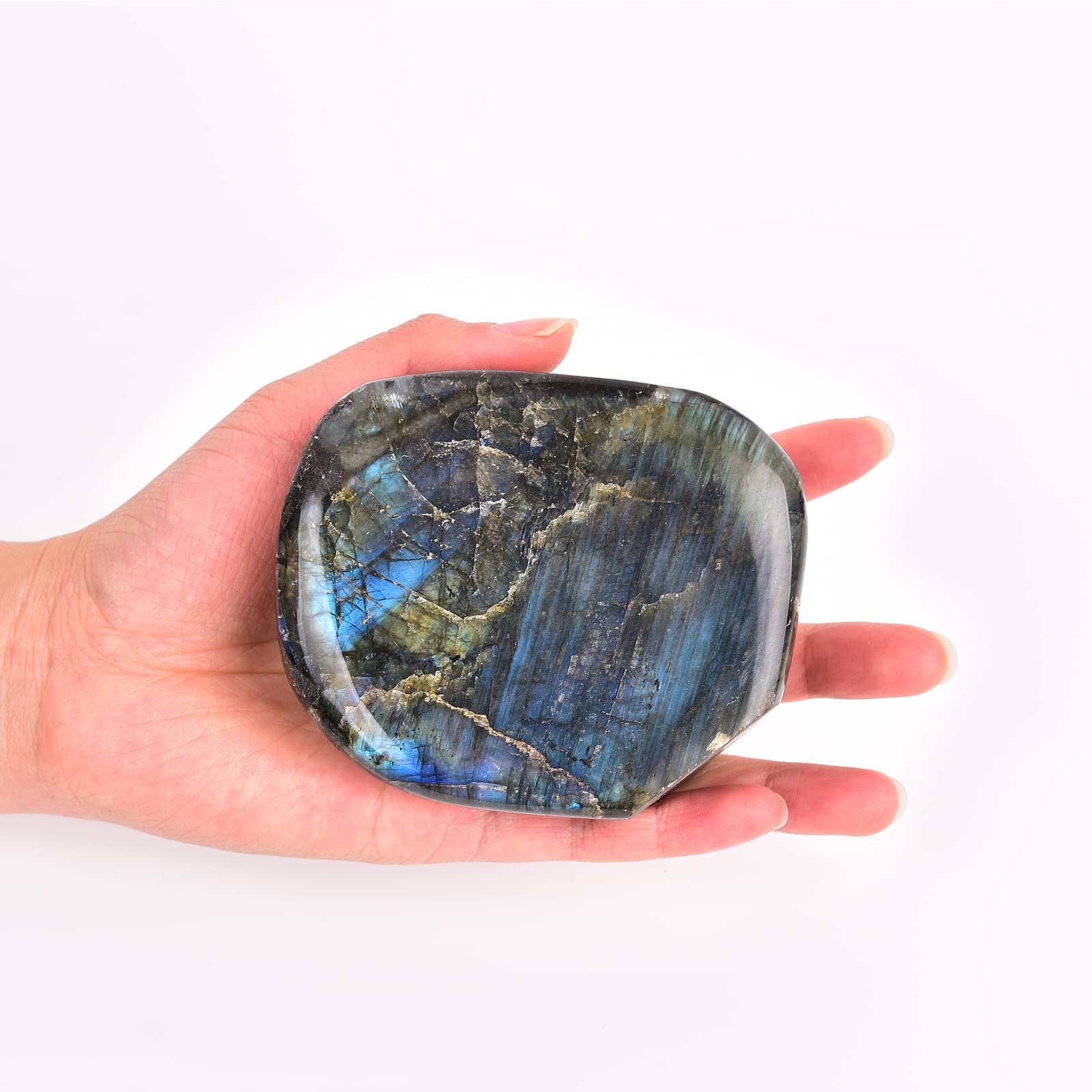 JIC Gem Labradorite worry palm stone with rainbow flashes, ideal for desk mindfulness