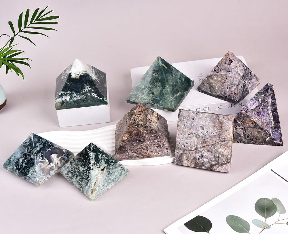 JIC Gem moss agate pyramid back view conveys sturdy presence for decor