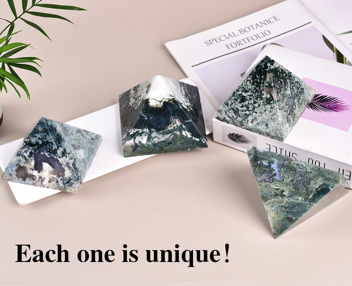 JIC Gem moss agate pyramid close-up shows natural pits and inclusions