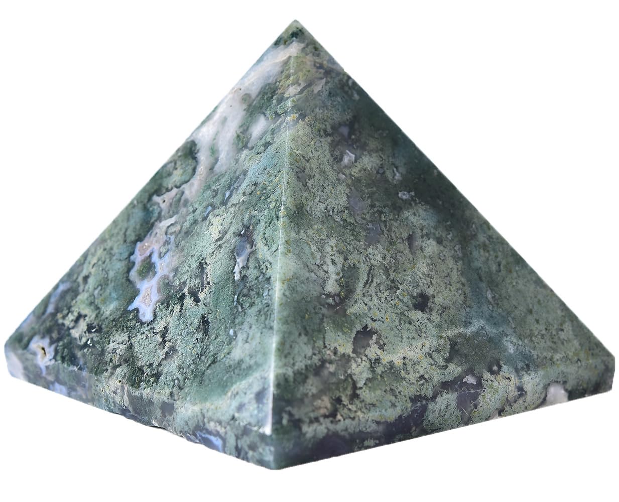 JIC Gem moss agate pyramid front view on desk showing calming energy