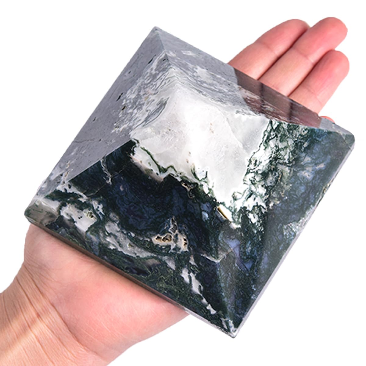 JIC Gem moss agate pyramid side view highlighting balanced vibes
