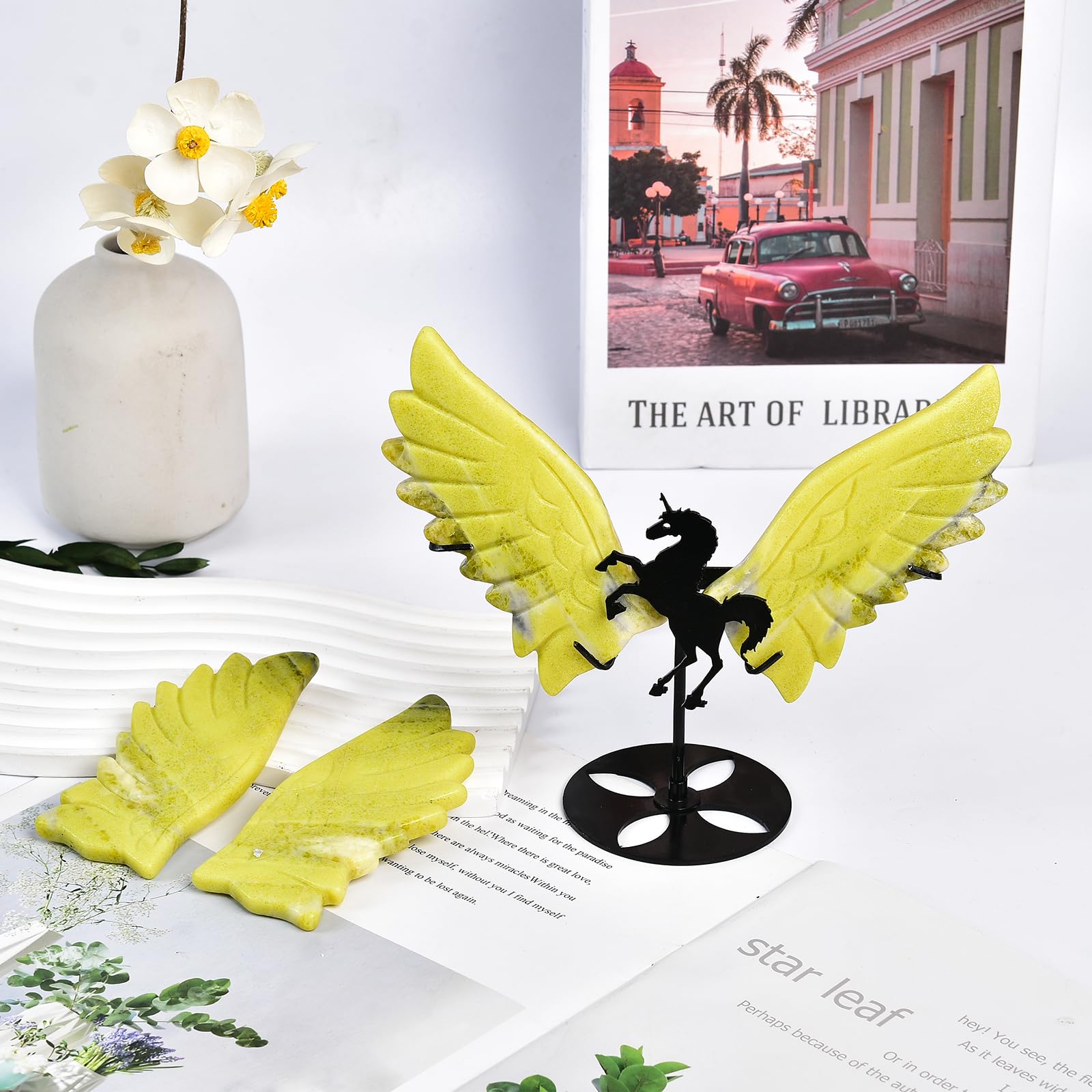JIC Gem lemon jade quartz unicorn wings art with unique focal point.
