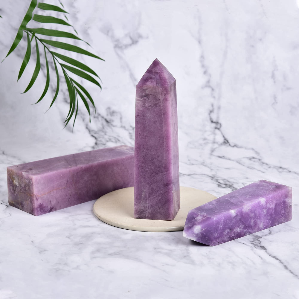 JIC Gem Lepidolite tower apex directs energy during spiritual practice.