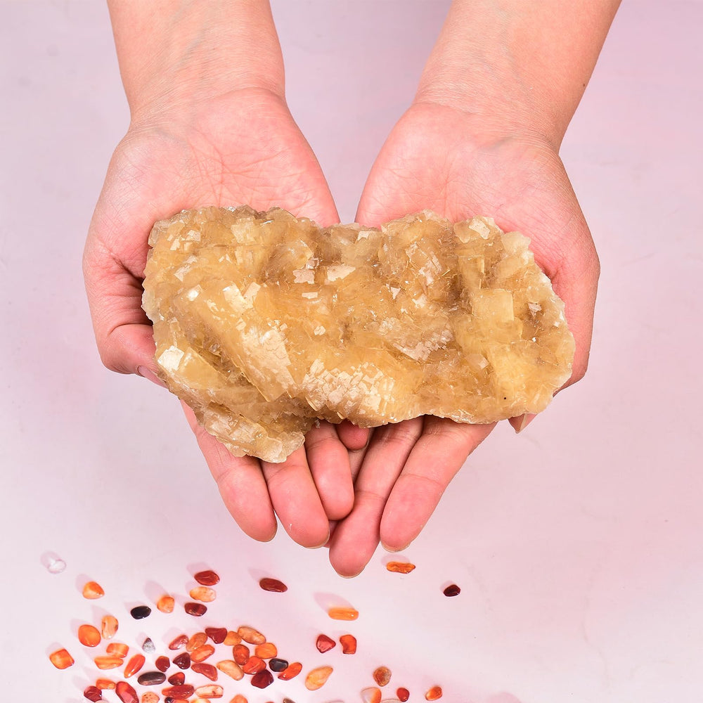 JIC Gem natural yellow calcite quartz geode with warm glow.