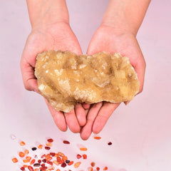 JIC Gem natural yellow calcite quartz geode with warm glow.