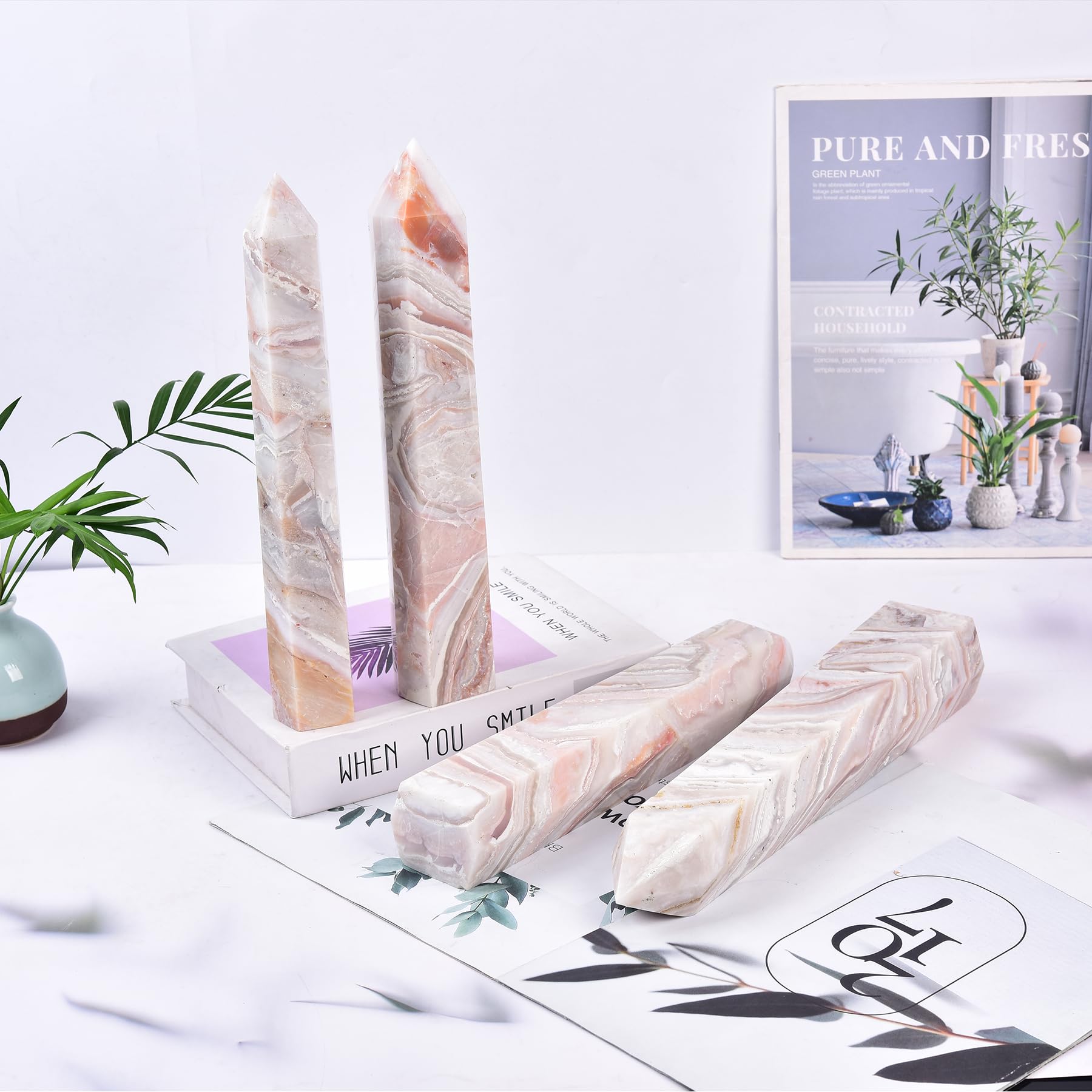 JIC Gem pink agate home decor display enhances calming ambience.