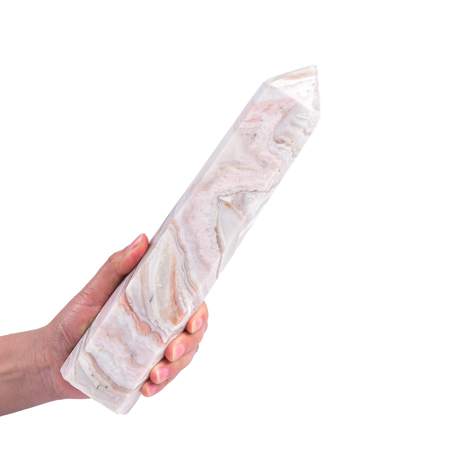 JIC Gem pink agate obelisk tower on display, a calm focal point for meditation