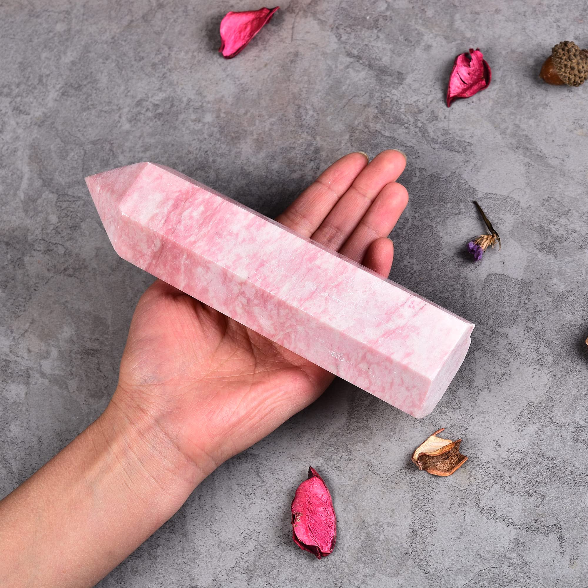 JIC Gem pink powder opal quartz obelisk tower close-up highlighting natural textures