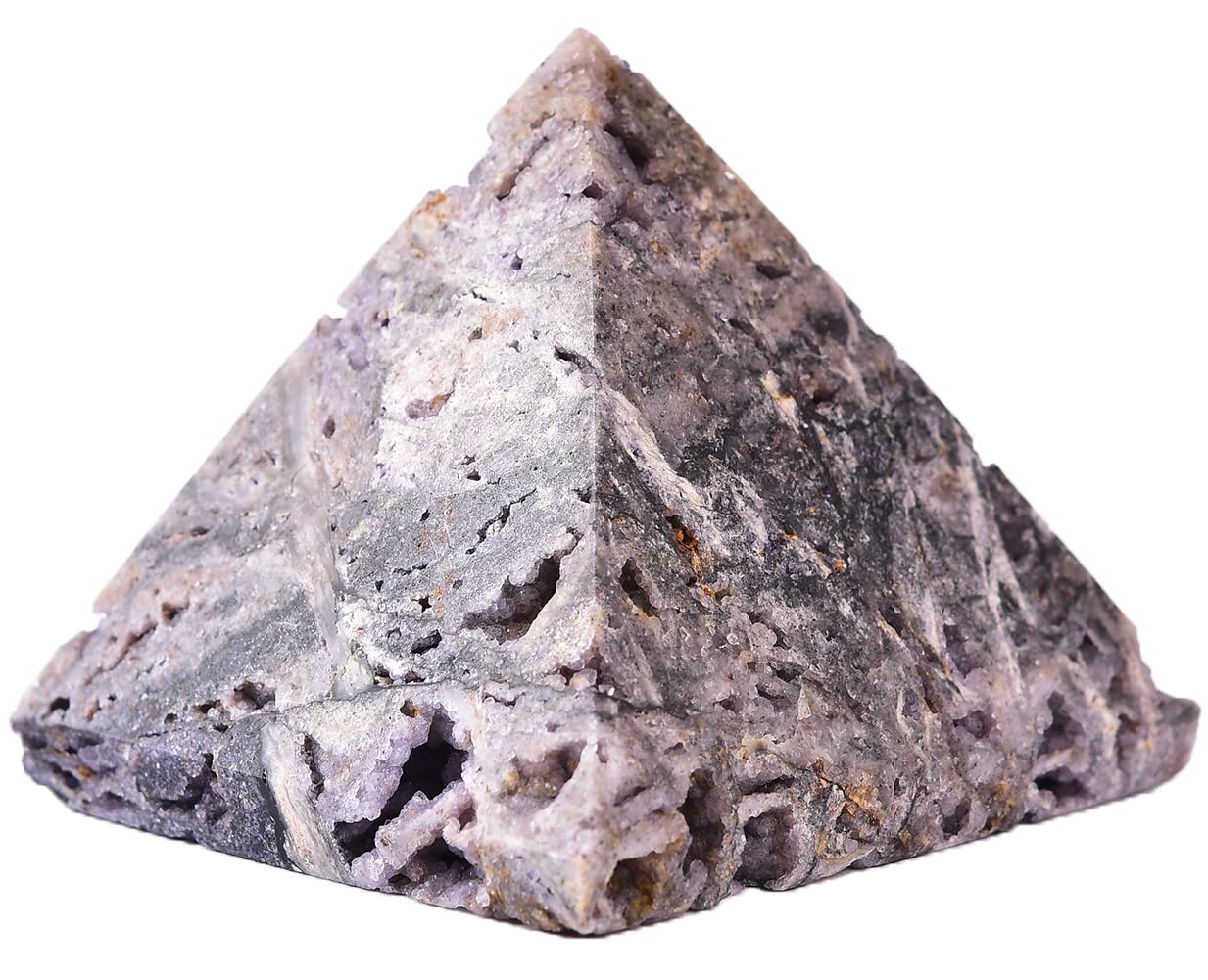 JIC Gem purple sphalerite geode pyramid front view highlighting energy balance for meditation spaces