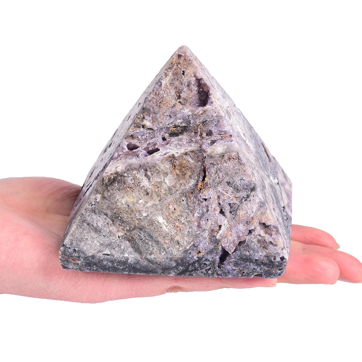 JIC Gem purple sphalerite geode pyramid on desk adds focal point and calm vibe