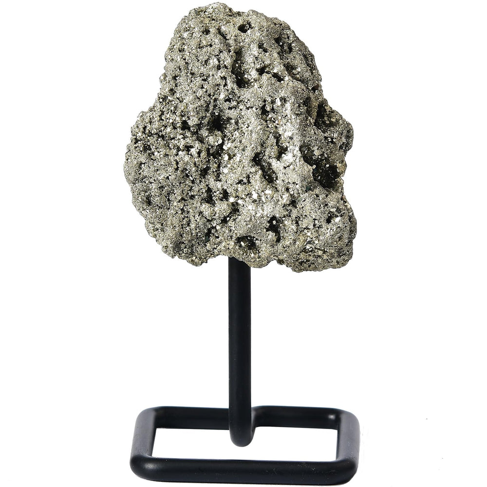 JIC Gem pyrite crystal on stand, front view highlighting focus and abundance energy.